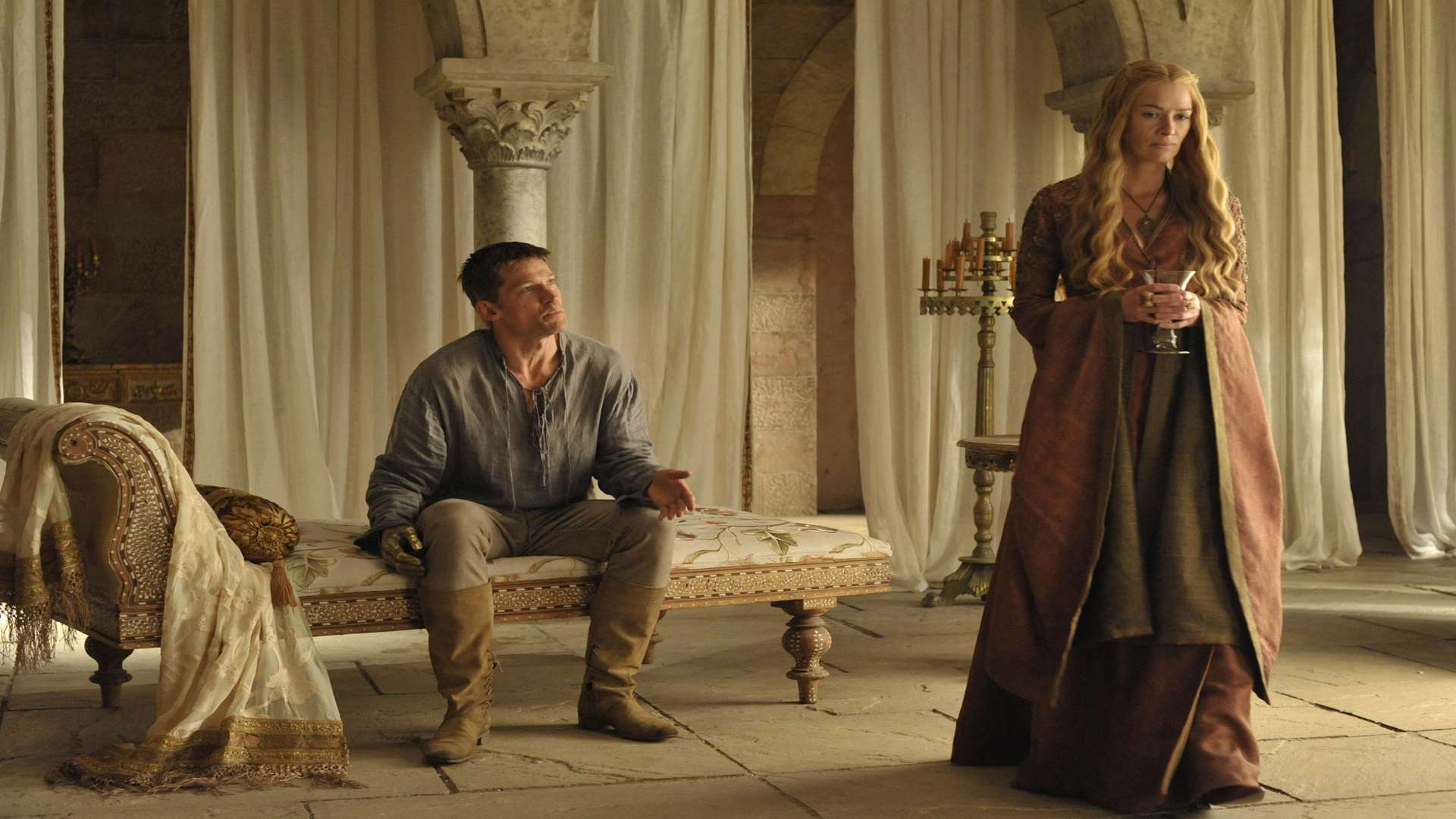 Nikolaj Coster-Waldau as Ser Jaime Lannister and Lena Headey as Cersei Lannister in Game of Thrones