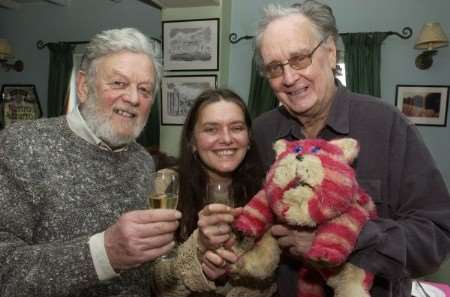 Bagpuss with creators Peter Firmin, left, and Oliver Postgate, with Emily Firmin