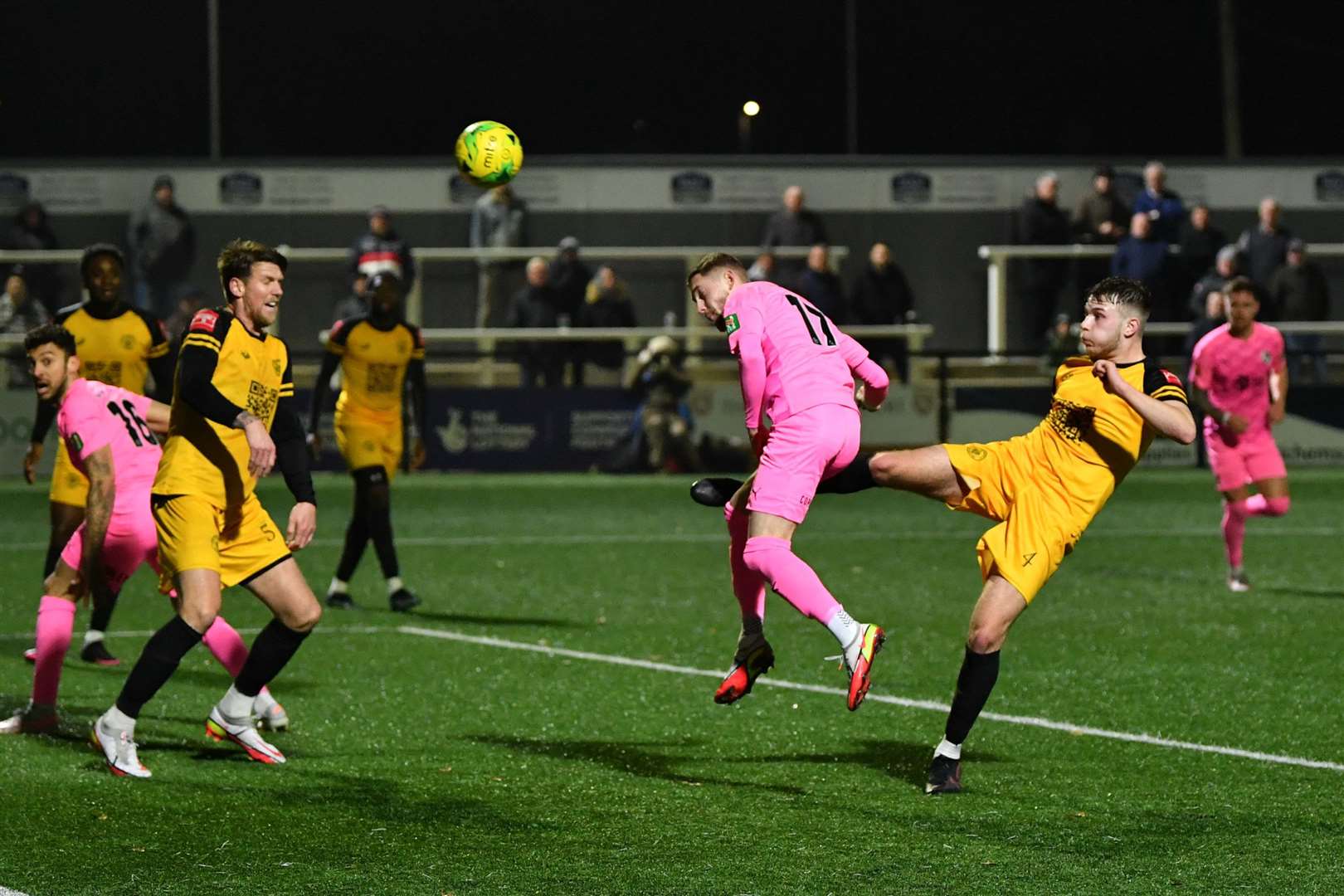 Substitute Dan Roberts heads over for Dartford late on. Picture: Keith Gillard