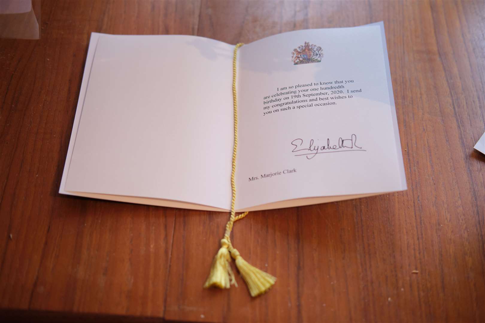 Marjorie Clark's 100th birthday card from the Queen. Photo by Kari Clark
