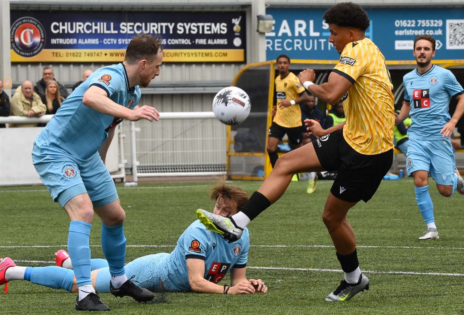 Maidstone’s Sol Wanjau-Smith asks questions of the Slough defence last weekend. Picture: Steve Terrell