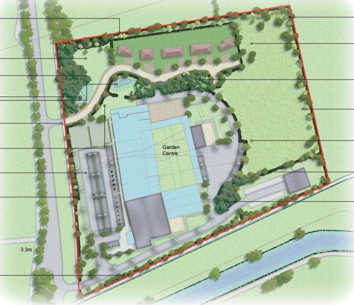 The homes, shown at the top of this image, could be built next to the garden centre; the outdoor activity centre would go in the bottom right-hand corner of the site by the canal