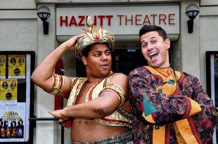 From left, Daniel Jacob as Genie and Jeremy Edwards as Aladdin in the Hazlitt Theatre's pantomime