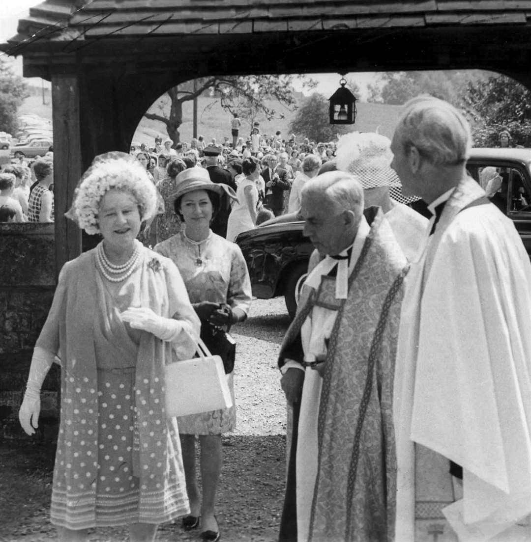 In June 1986, The Queen Mother, Princess Margaret, Richard Burton, Elizabeth Taylor, John Betjeman and Noel Coward were among the guests at the wedding of Sheran Cazalet, daughter of race horse trainer Peter Cazalet, of Fairlawne, Shipbourne, and Simon Hornby of Berkshire, a director of W H Smith. The service, at Shipbourne Church, was conducted by the Archdeacon of Tonbridge, the Ven E E Maples Earle, who is seen here with the royal guests