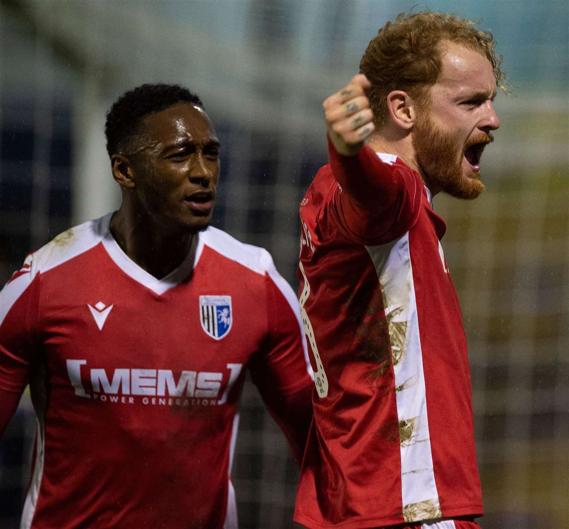 Connor Ogilvie celebrates scoring the winning goal for Gillingham at Southend Picture: Ady Kerry