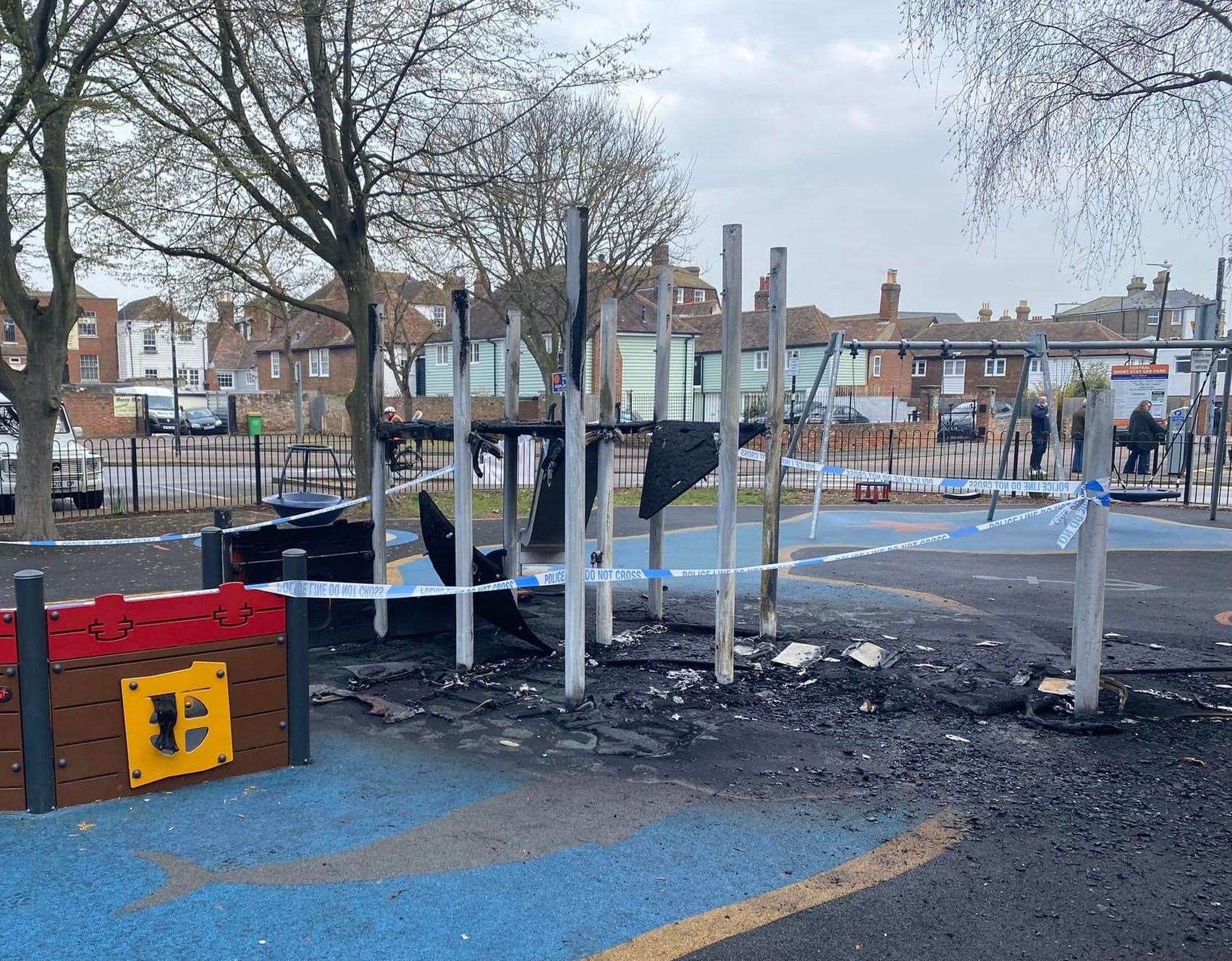 A piece of play equipment was burned to the ground in the early hours. Picture: Faversham Pools
