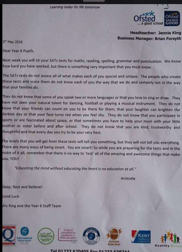 The letter sent home to year 6 pupils