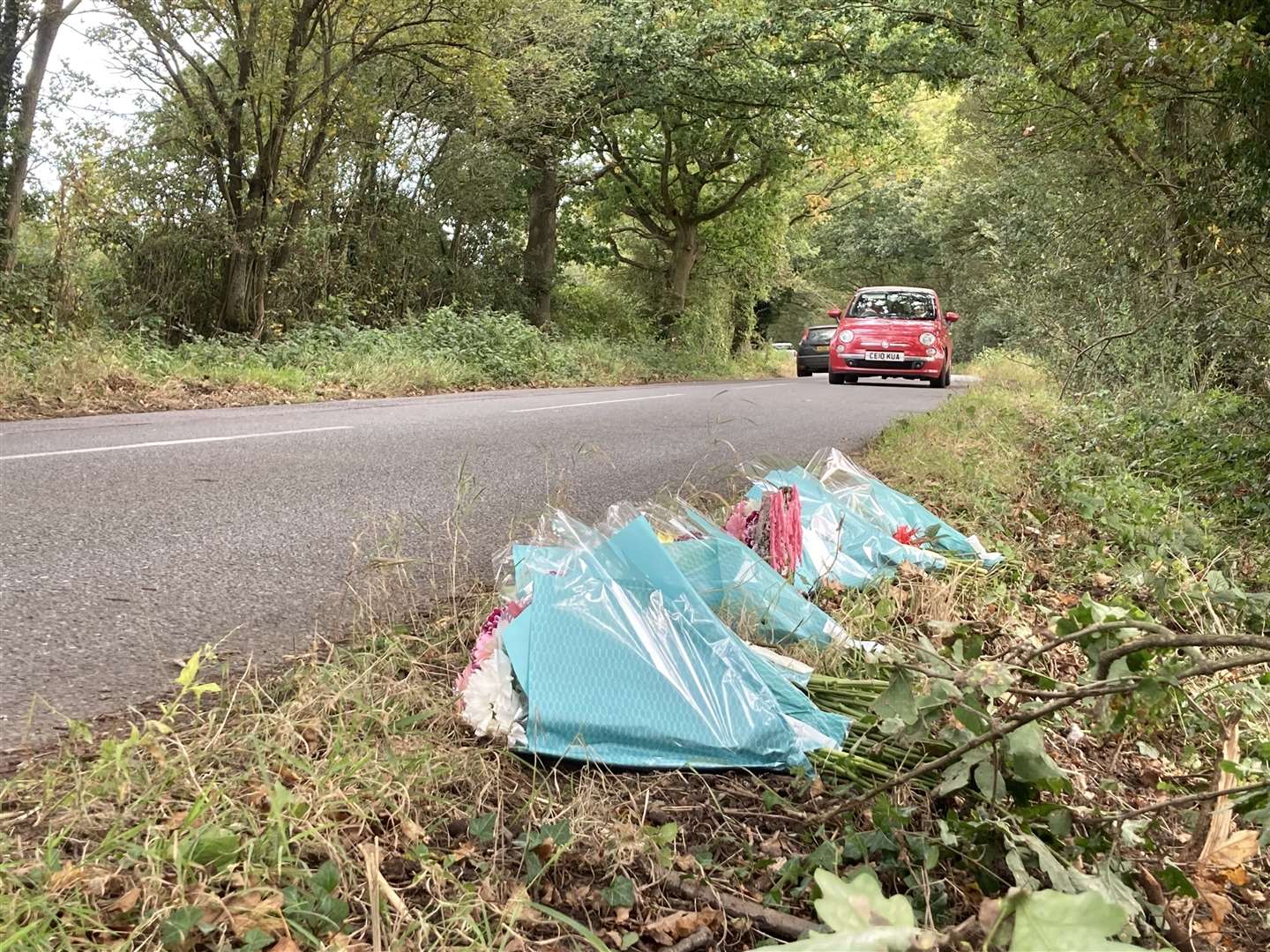 Floral tributes were left along the side of the road in Lenham Road, Headcorn to members of the Cash family killed in a crash