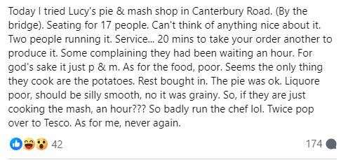 The scathing Facebook review of Lucy's pie and mash shop in Margate. Pic: Facebook