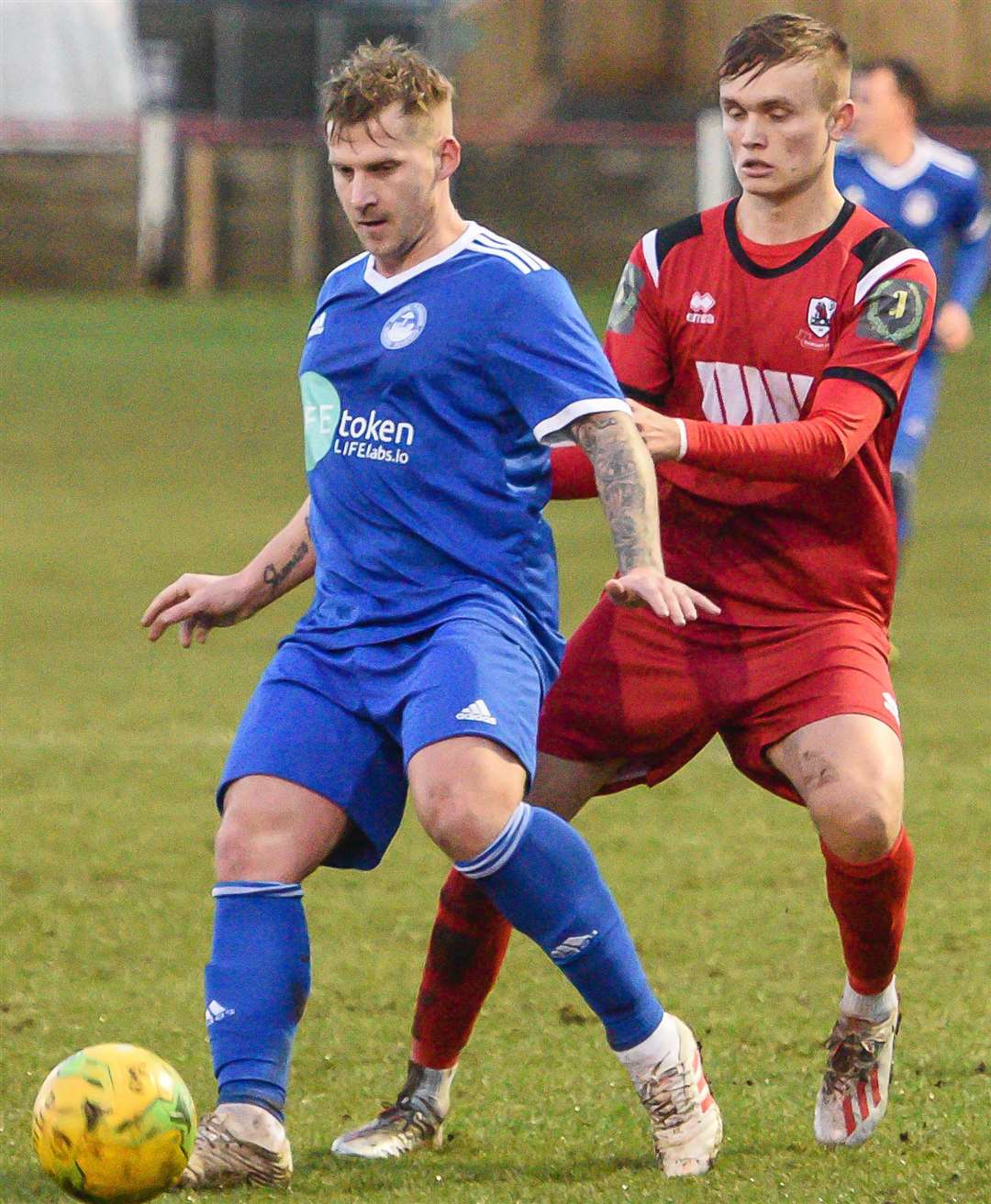 Hythe's Danny Walder holds off Ramsgate's Jack Morrell Picture: Alan Langley