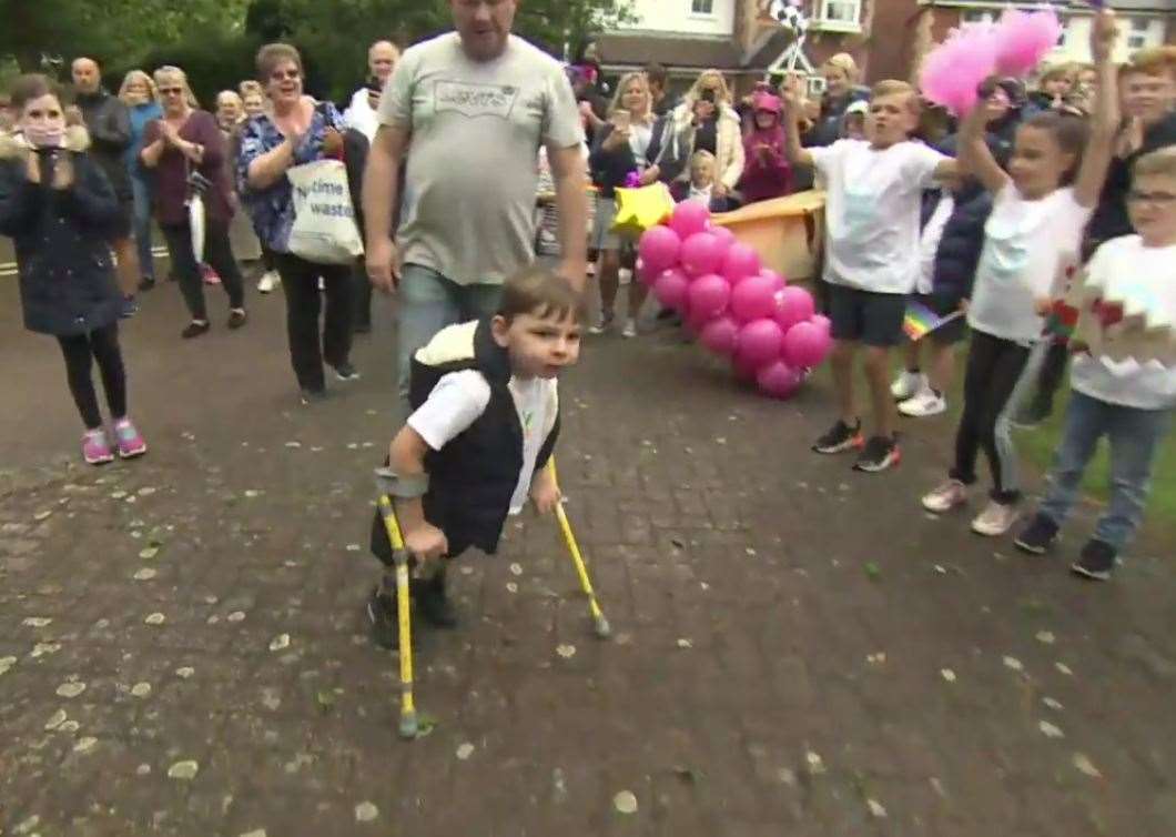 The moment Tony Hudgell completed his charity walk in Kings Hill. Picture: Just Giving / YouTube