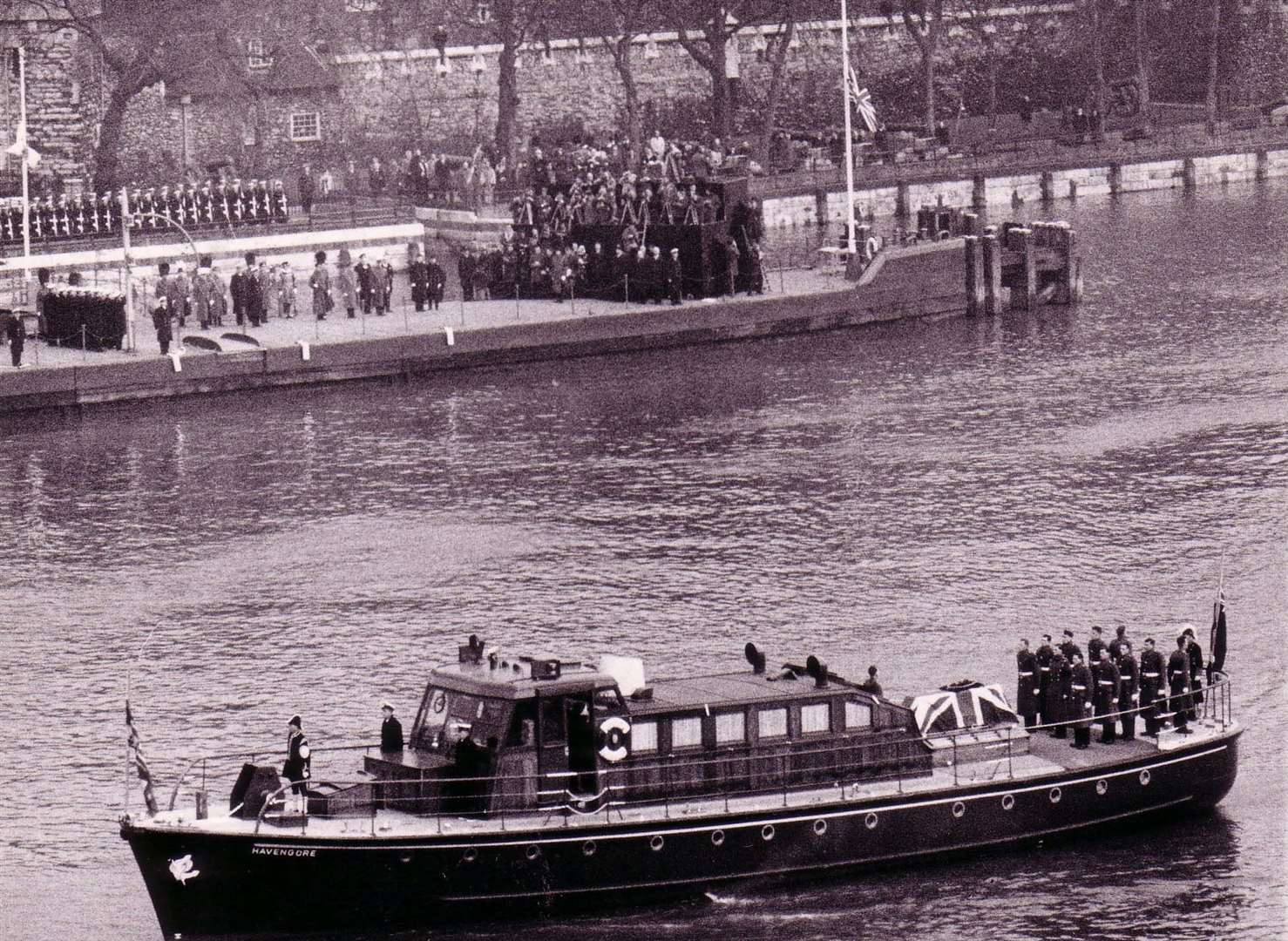 The coffin of Sir Winston Churchill draped with the Union Flag during his state funeral on January 30 1965. Picture: The Port of London Collection, Museum of London Docklands.