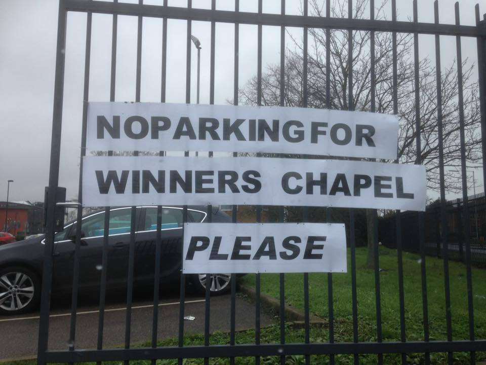 Winners' Chapel members are urged not to park at Goals Soccer Centre.