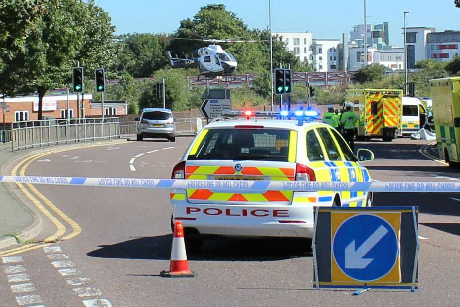 Air ambulance takes off from the scene of a crash in Gillingham