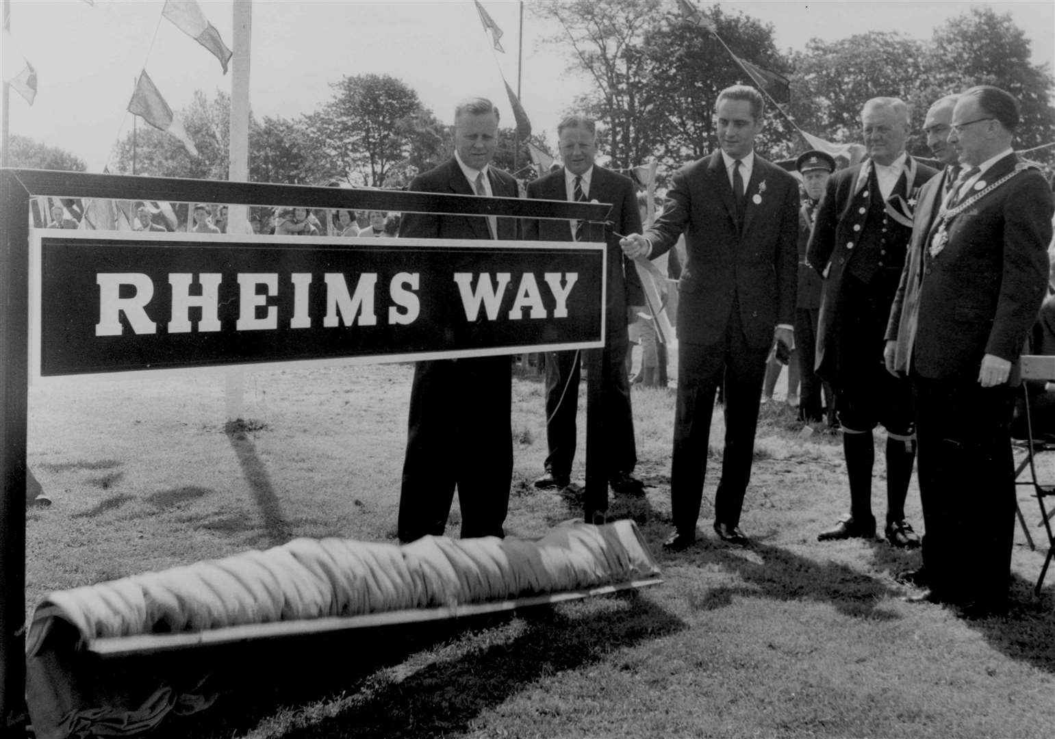The Mayor of Rheims, M Taittinger, unveils the Rheims Way sign on Canterbury's 'new road'