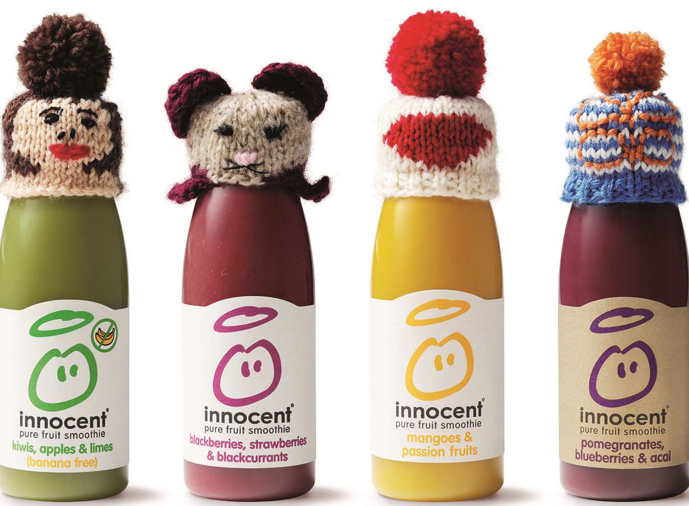 The smoothie bottles wearing woolly hats, made for The Big Knit
