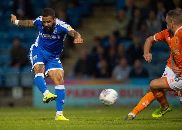 Alex Jakubiak fires home the second goal for the Gills against Blackpool Picture: Ady Kerry