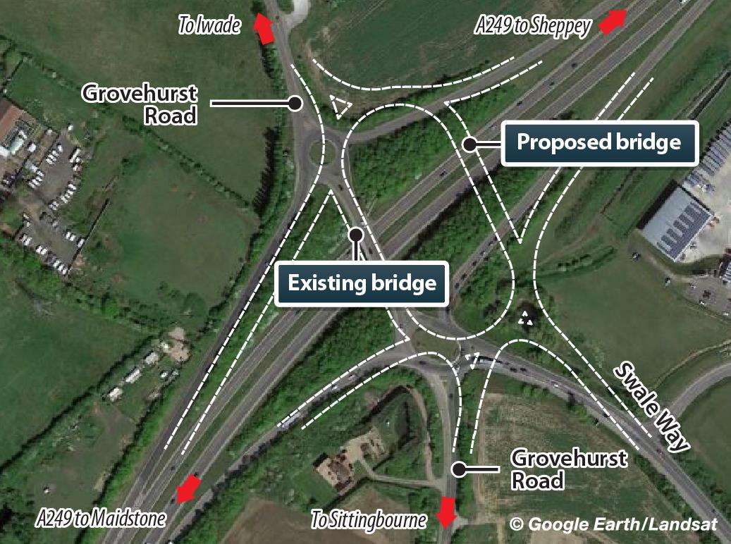 A graphic image showing what the Grovehurst roundabout on the A249 could look like if goverment funding is approved