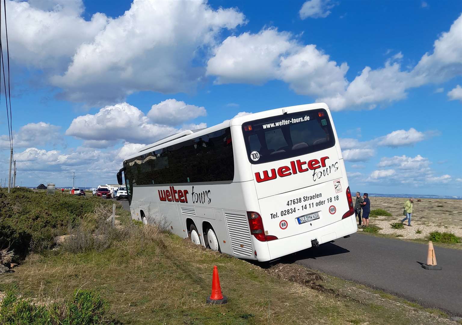 A German tourist bus is currently stuck in Dungeness. Picture: Aeryn Parsons