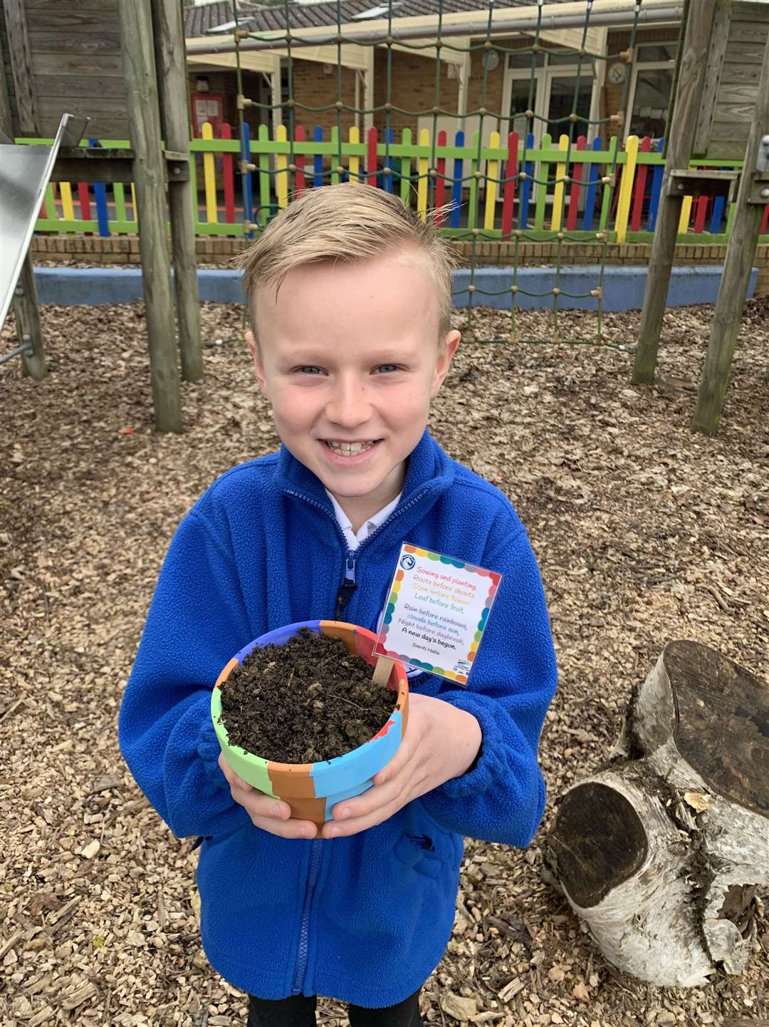 Jacob and his seed pot on his first day back at Minster Primary School, Sheppey, after the coronavirus lockdown