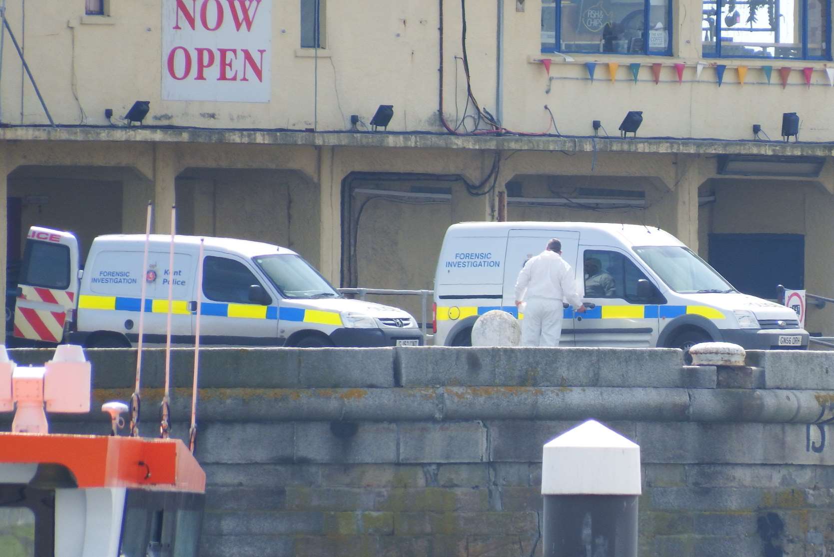 Forensic officers examine the scene at Ramsgate Harbour. Picture: Michael Pett