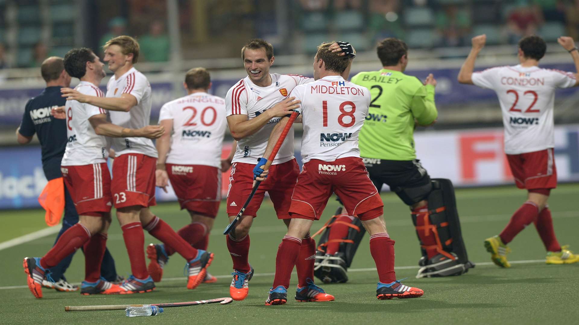 England celebrate their win over Belgium which saw them progress into the World Cup semi-final. Picture: Ady Kerry/ England Hockey
