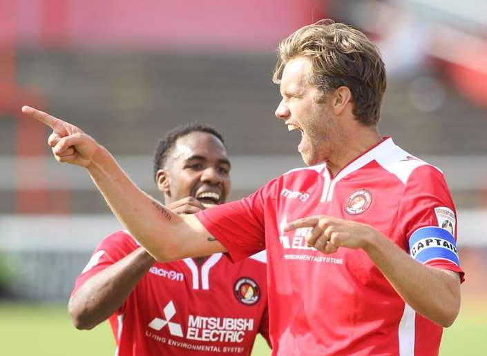 Daryl McMahon celebrates one of his 19 goals for Ebbsfleet United Picture: John Westhrop