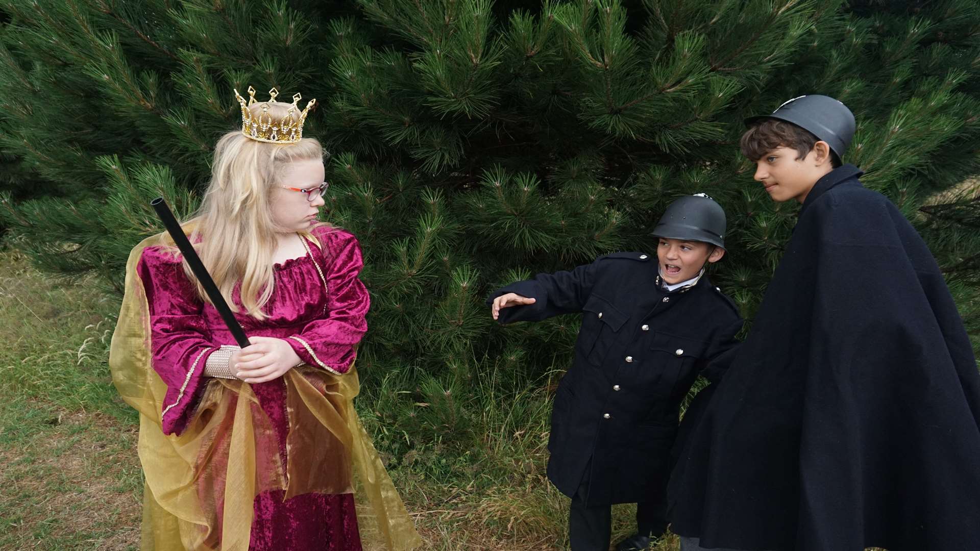 Kate Hodgson as Evil Queen Jadis and Policemen Logan Smith and Connor Bakridan in The Magician's Nephew by Deal Parochial