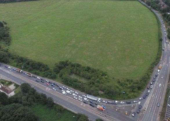 A aerial image gives a glimpse of the traffic on the A20 and feeding into Hermitage Lane, next to the site in Aylesford, earmarked for housing Picture: Mike Mahoney