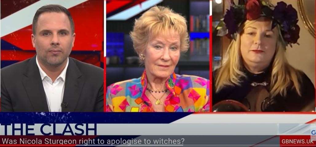 Sheppey witch Charlotte Clark, right, on GB TV with Christine Hamilton and presenter Dan Wootton discussing Nicola Sturgeon's decision to apologise for the 1563 Witchcraft Act. Picture: YouTube/GB News