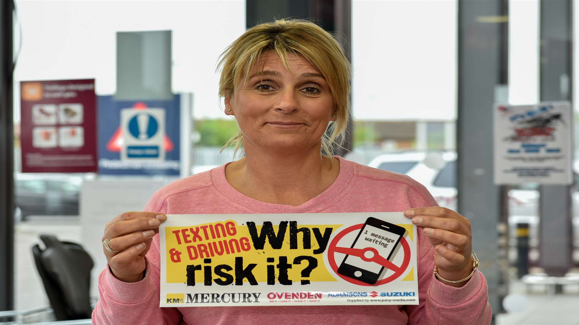 Tracy Squire, Mum of Daniel Squire, a teenage cyclist who was killed after being knocked off his bike, gave out Why Risk It? stickers against texting while driving