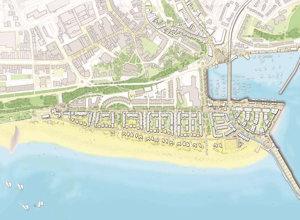 A birdseye view of Folkestone's seafront and harbour and how it could look when development is complete. Picture: Folkestone Harbour Company