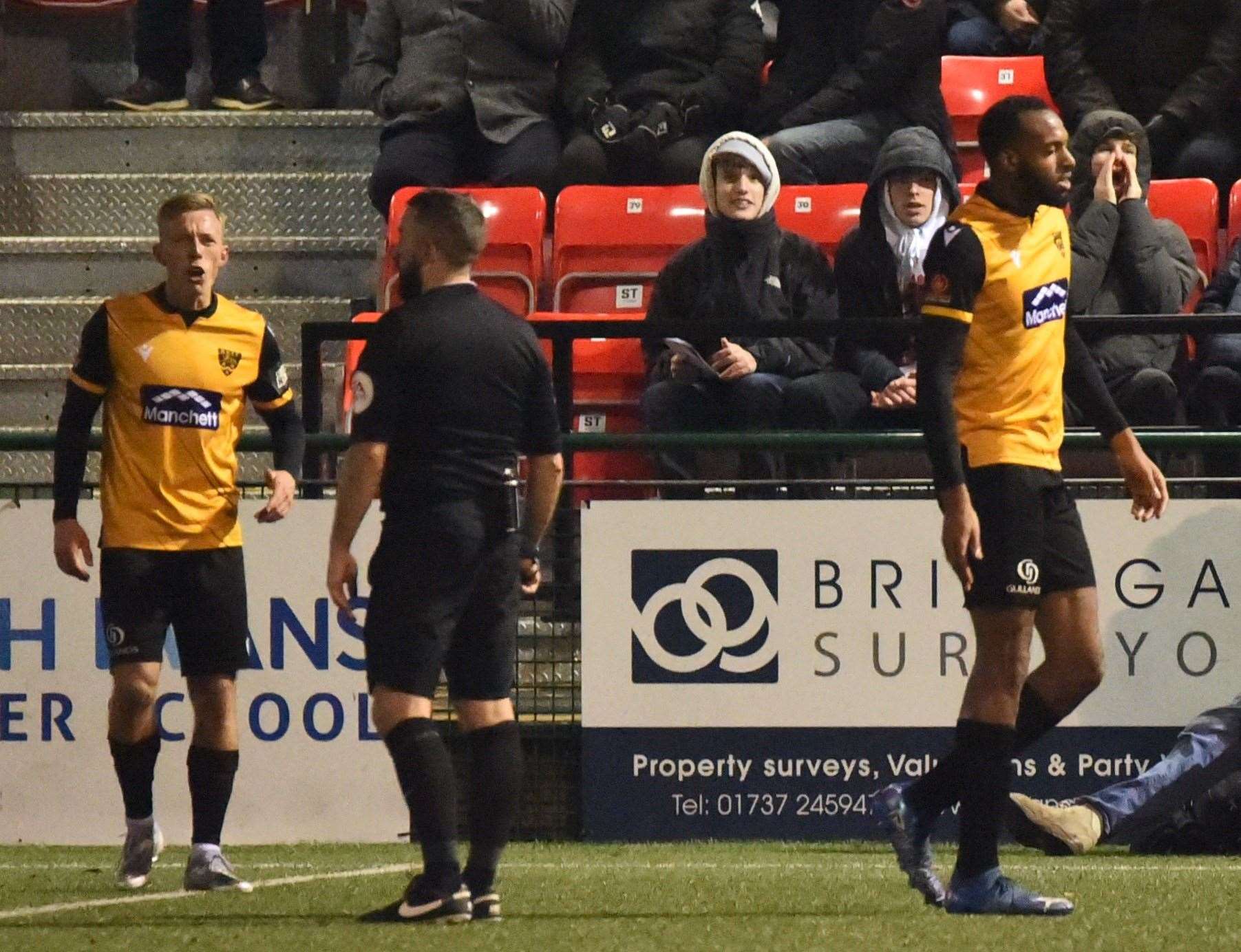 Reiss Greenidge is sent off during the second half of Maidstone's 3-2 defeat at Dorking. Picture: Steve Terrell