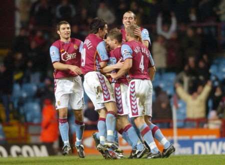 The Aston Villa players celebrate Steven Davis's winning goal. Picture: BARRY GOODWIN