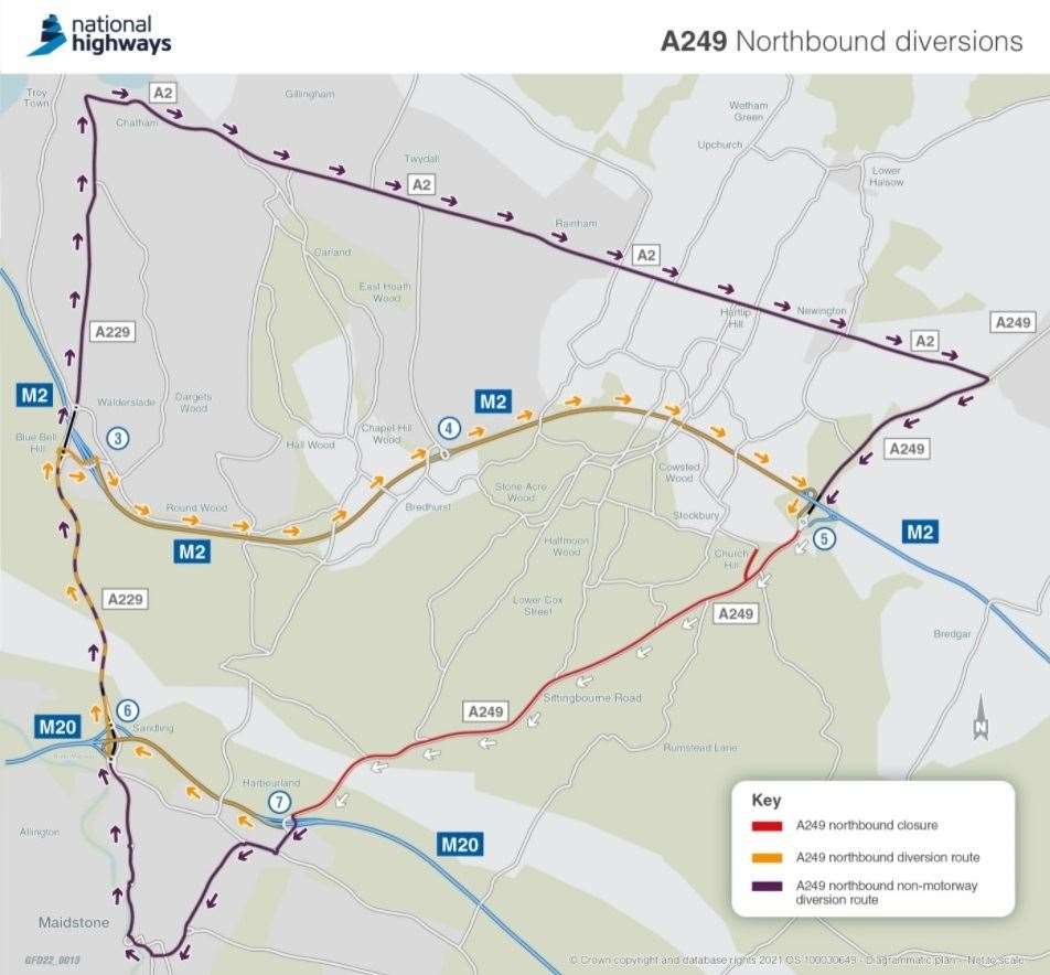 This weekend's diversion when the A249 is closed between the Maidstone turn-off of the M20 and Stockbury Roundabout near Sittingbourne for flyover works. National Highways (55263656)