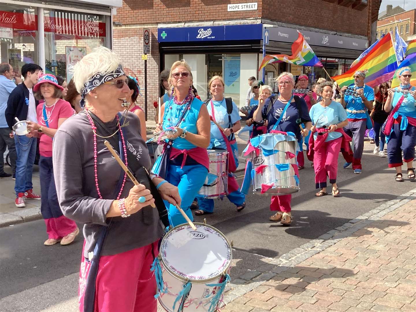 Whitstable's Pelo Mer samba band led Sheppey's first 'green' pedestrian-only summer carnival parade in Sheerness