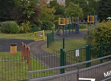 The teenager became trapped in a child's swing seat in this play area. Google Street View
