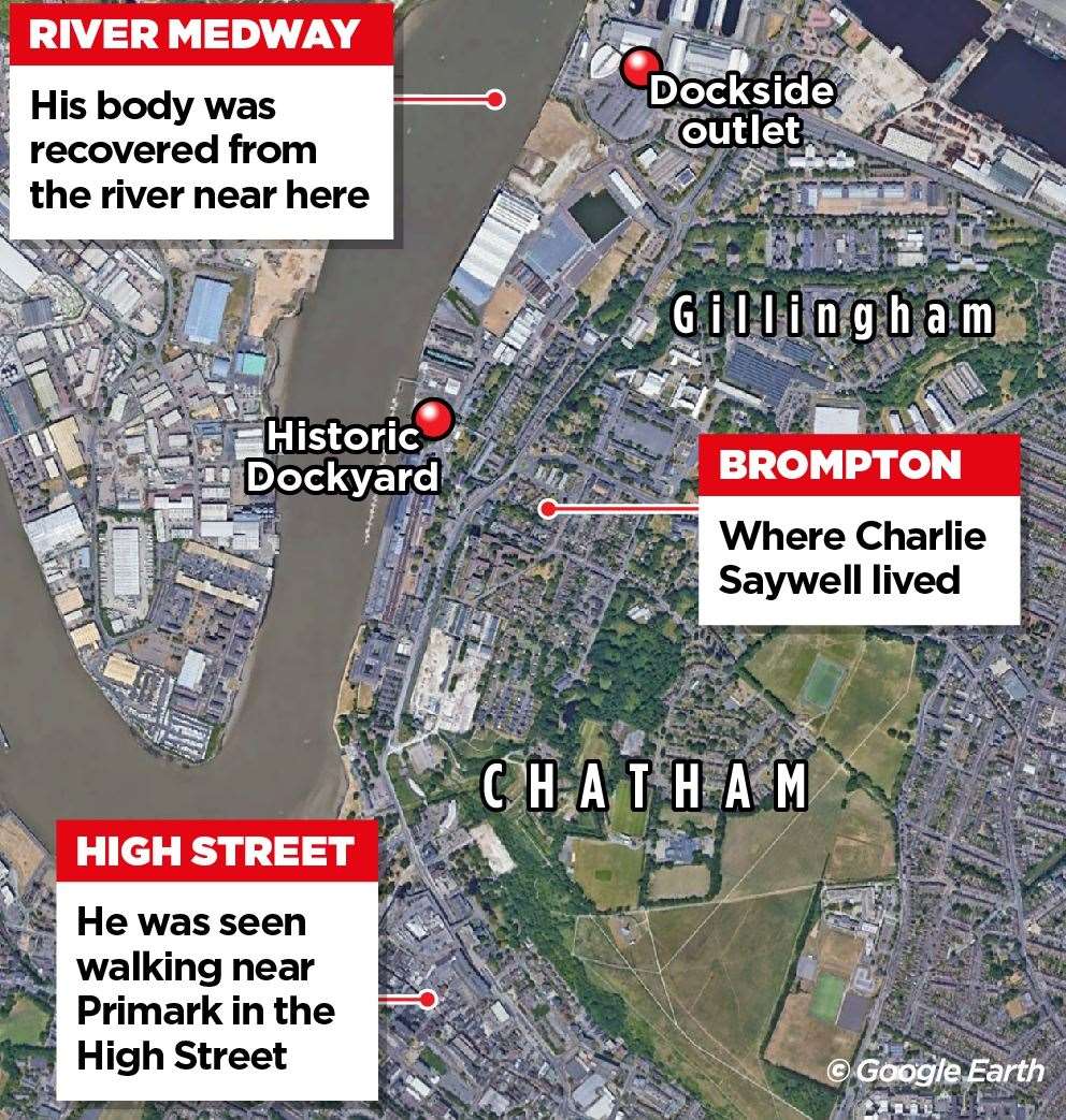 A map showing where Charlie lived, where he was last seen and where his body was found in the River Medway