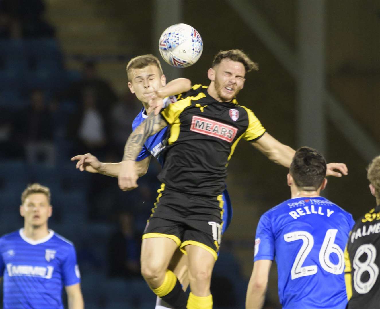 Jake Hessenthaler rises above Jon Taylor Picture: Andy Payton