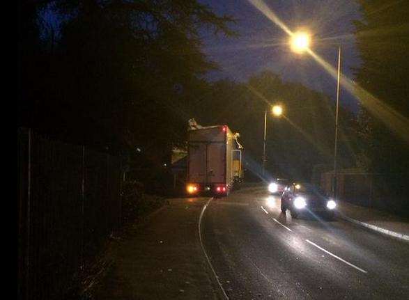 The lorry tried to go under the bridge by the garden centre. Picture: @KentBlasting