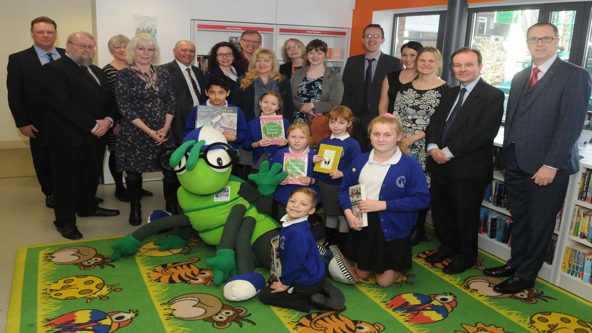 Buster's Book Club's milestone reading figure was revealed at the Beaney Centre, Canterbury in front of pupils, mascot Buster Bug and supporters from KCC, Three R’s Teacher Recruitment, Canterbury Tales, Beanstalk and Clarkson Wright and Jakes Ltd.