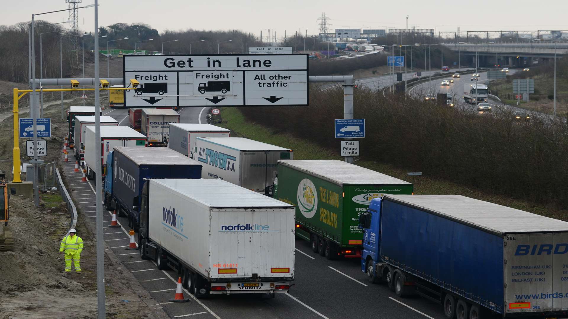 Freight traffic queues to enter the Channel Tunnel. Picture: Gary Browne