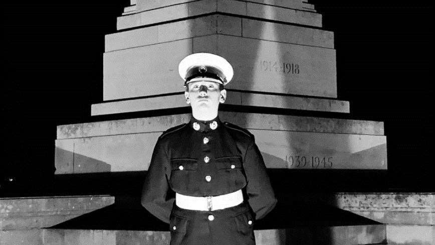 Aiden Jones at the war memorial in Brompton Barracks