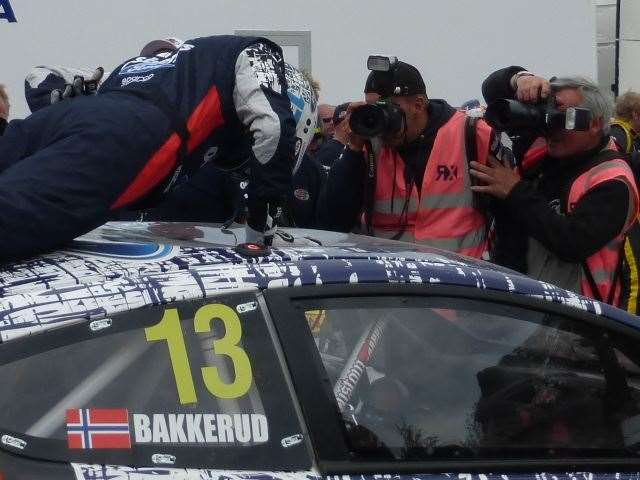 The Norwegian celebrated his victory with press-ups on the roof of his Ford Fiesta. Picture: Joe Wright