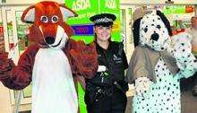 Foxy the Burglar, Sgt Michelle Burgess and DI Paws at Asda, Chatham