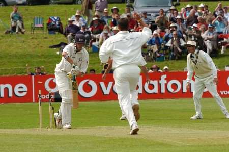 Phil Weston is bowled by new Kent signing Andrew Hall. Picture: BARRY GOODWIN