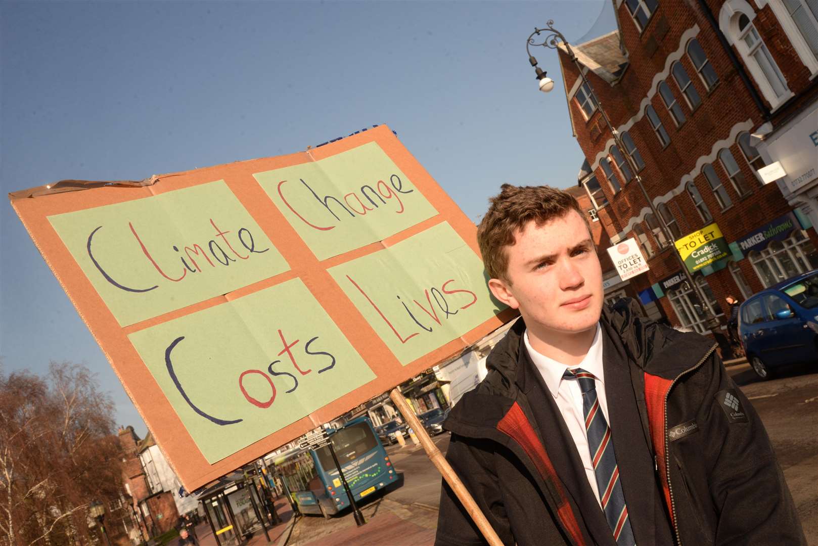 John Mulford from the Judd School protesting about insufficient climate change action in Tonbridge on Friday. Picture: Chris Davey