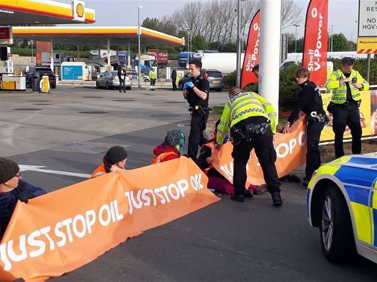 Just Stop Oil have smashed petrol pumps at two M25 service stations Picture: Just Stop Oil