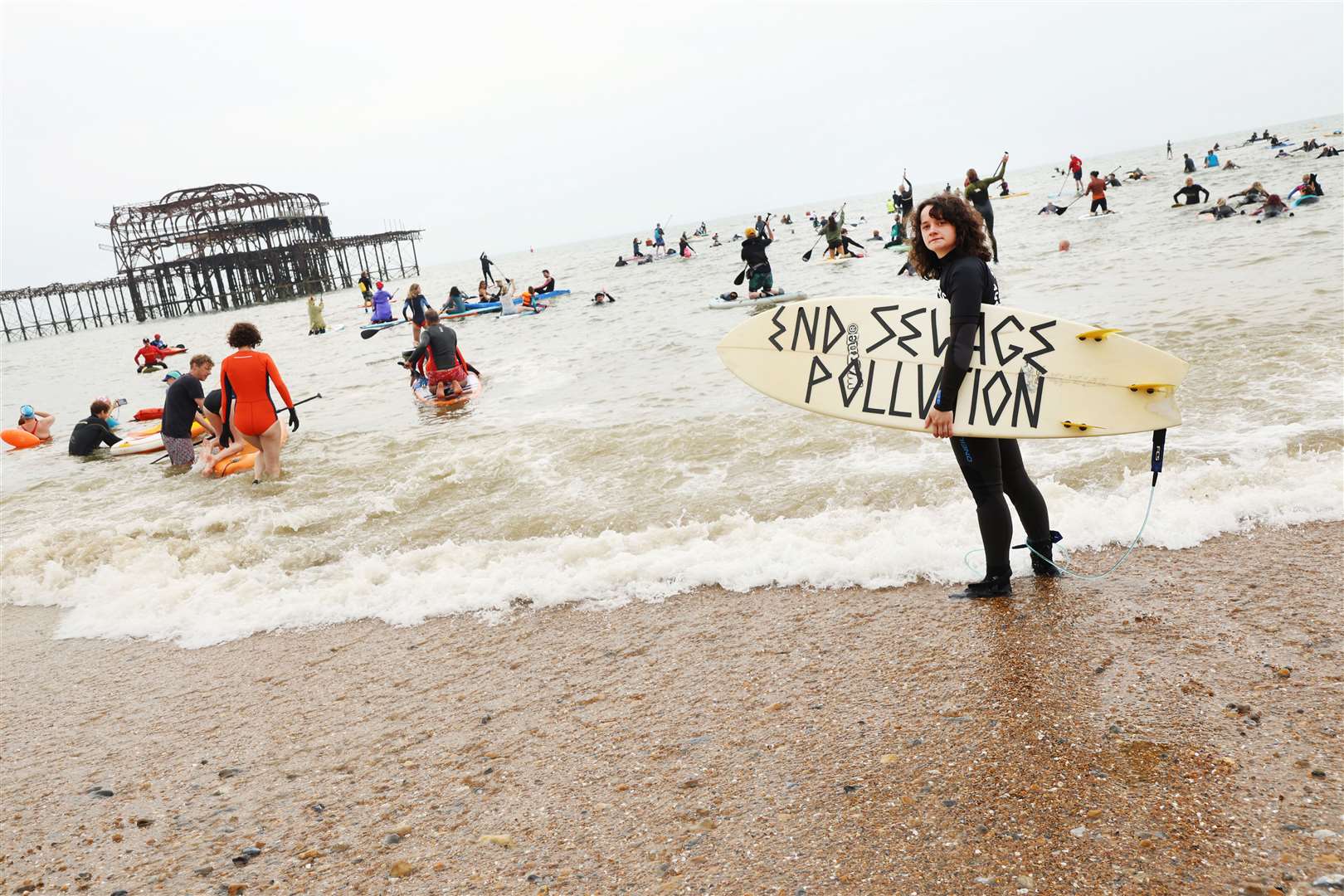 The campaign, co-ordinated by Surfers Against Sewage (SAS), saw protests at more than 30 locations, from West Pier in Brighton to Gyllyngvase Beach in Falmouth (Lia Toby/ PA Media Assignments)
