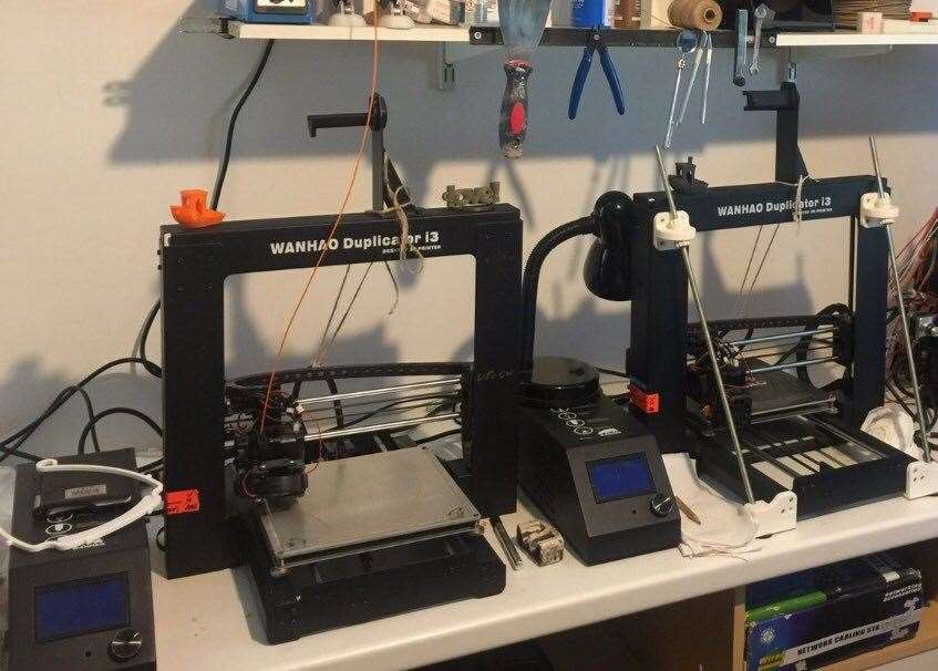 The Hoenes' two 3D printers, which are working round the clock to help out the PPE shortage